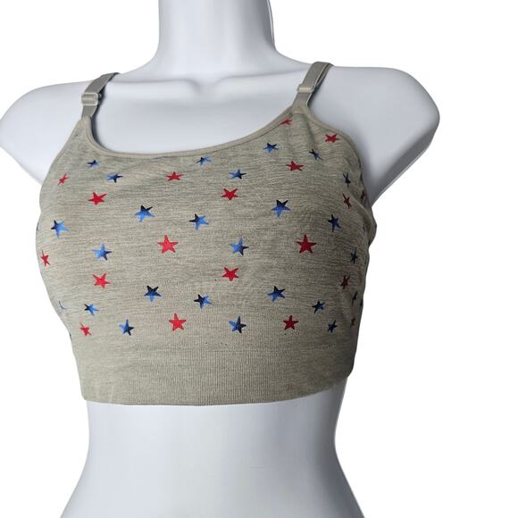 Red White Blue Star Print Bralette Gray Strappy Back Crop Top Patriotic M - Picture 1 of 7